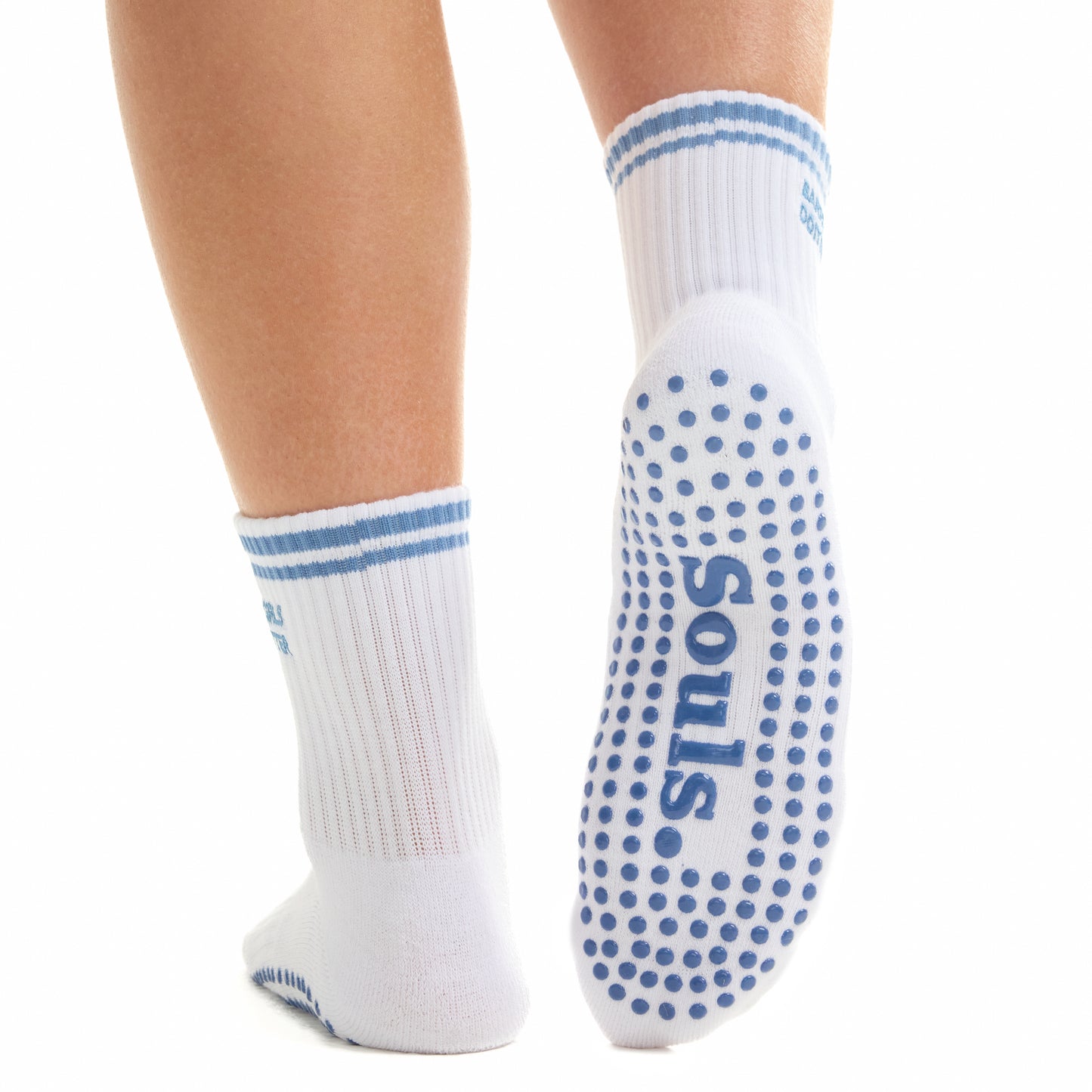 Back detail of Barre Girly Grip Socks with studio grip and girly blue branding