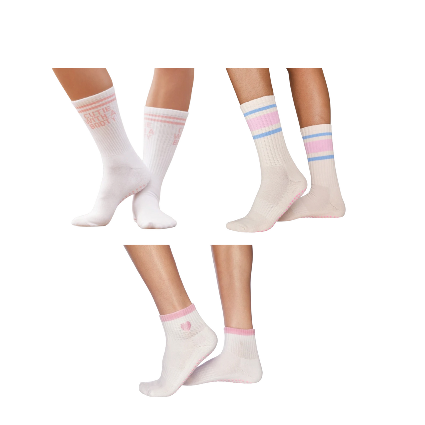 Cute pink grip sock bundle featuring heart, retro stripe, and cheeky booty designs – perfect for adding fun flair to your Pilates or workout look