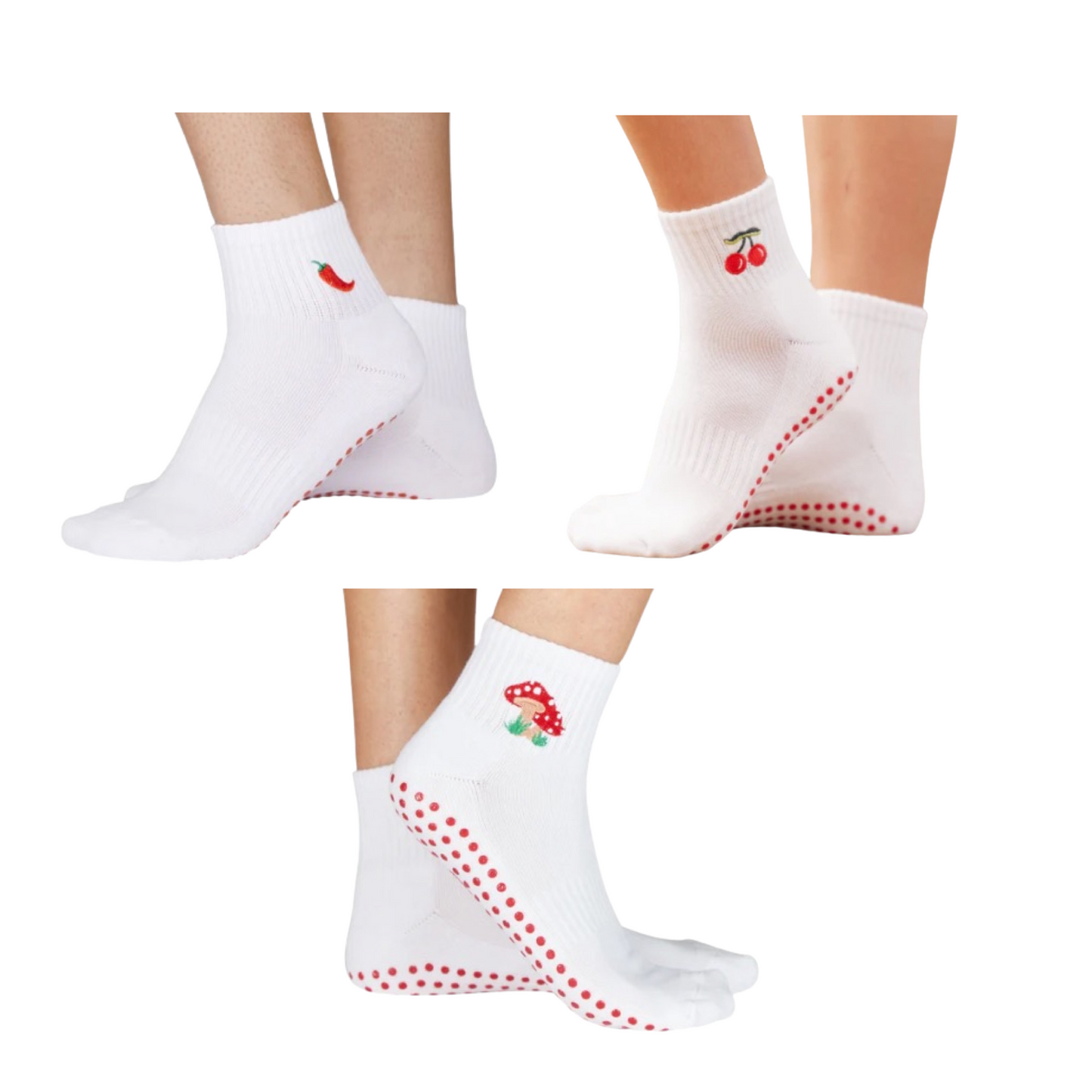 Cute white grip sock bundle featuring cherry, hot pepper, and mushroom designs – fun and playful Pilates socks with red grippy soles