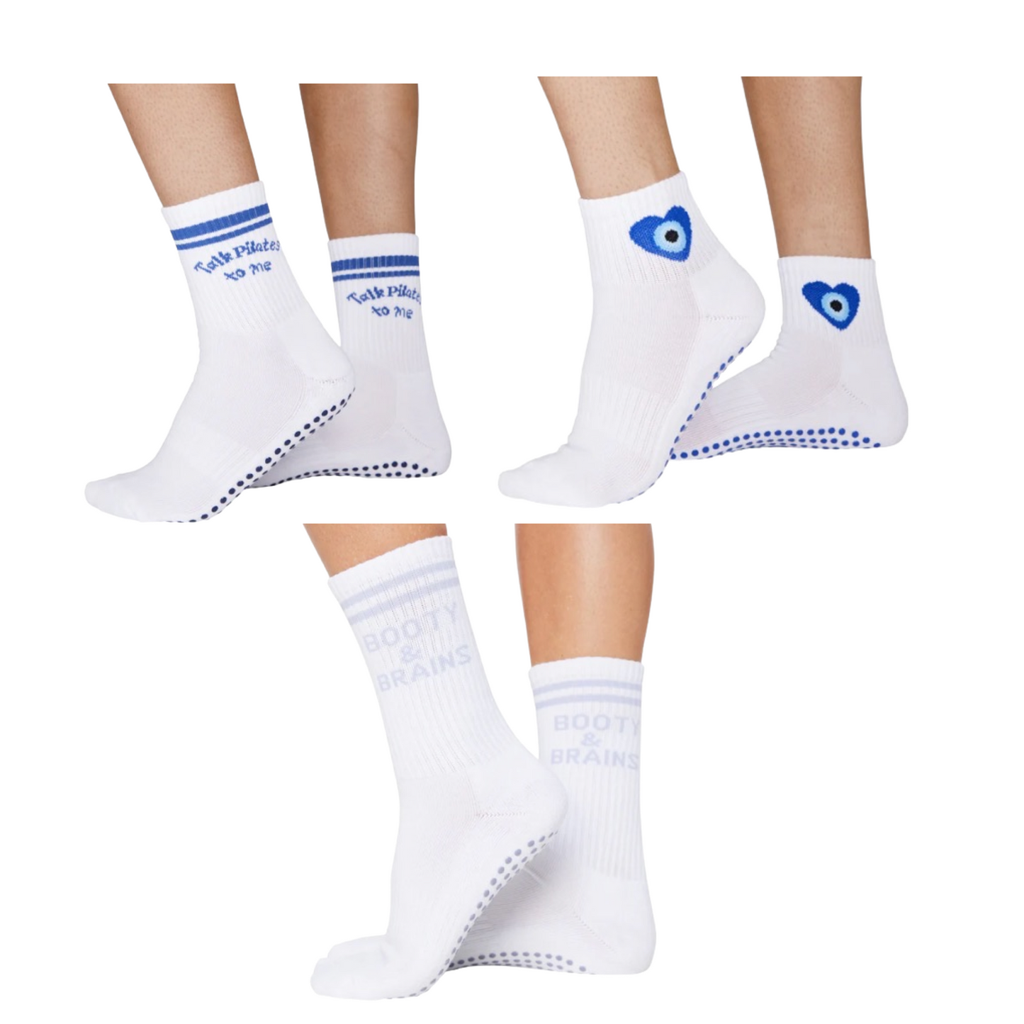 Cute white and blue grip sock bundle with playful designs – Talk Pilates to Me, Evil Eye, and Booty & Brands styles for Pilates and studio workouts