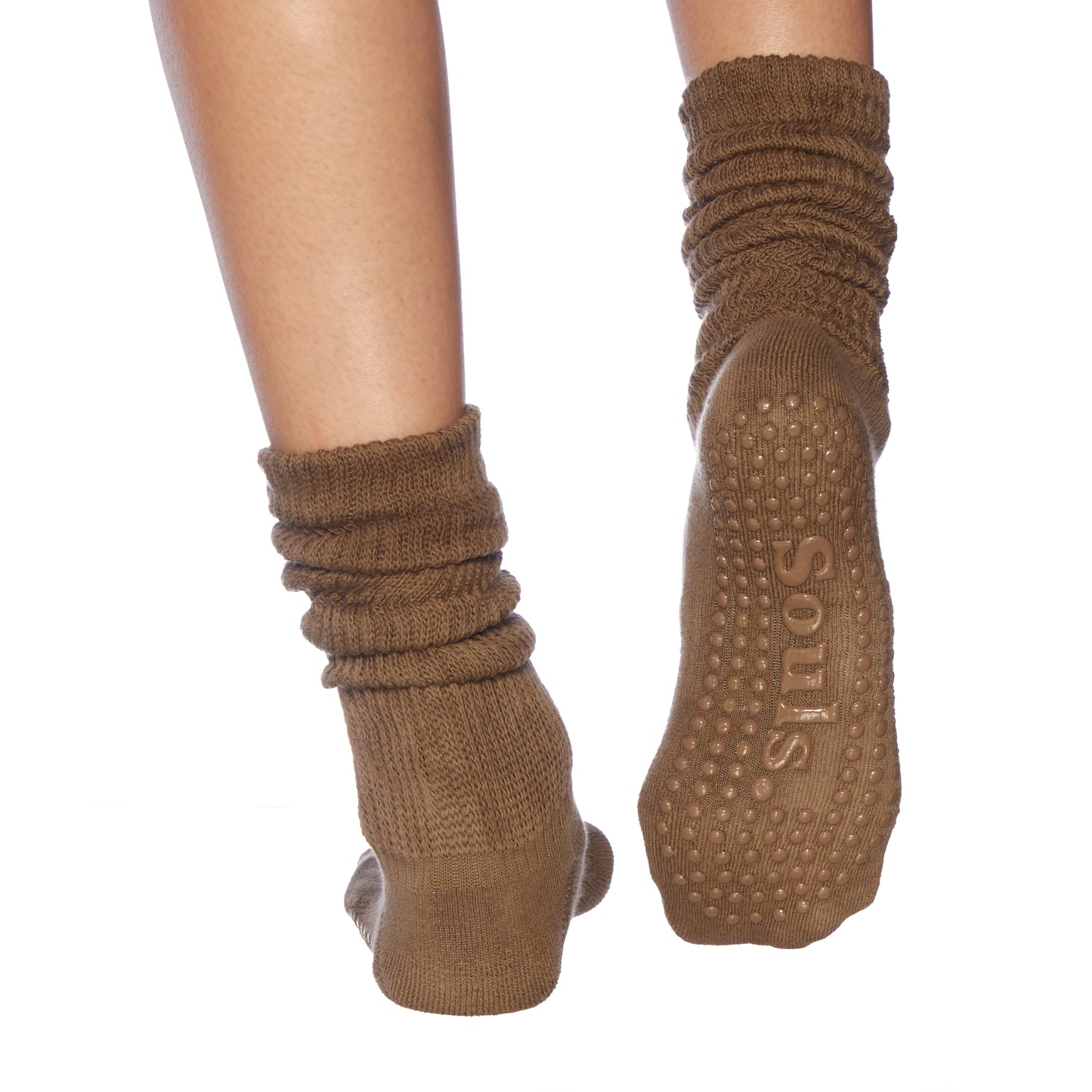 Back view of soft brown grip socks, ideal for stretching or savasana
