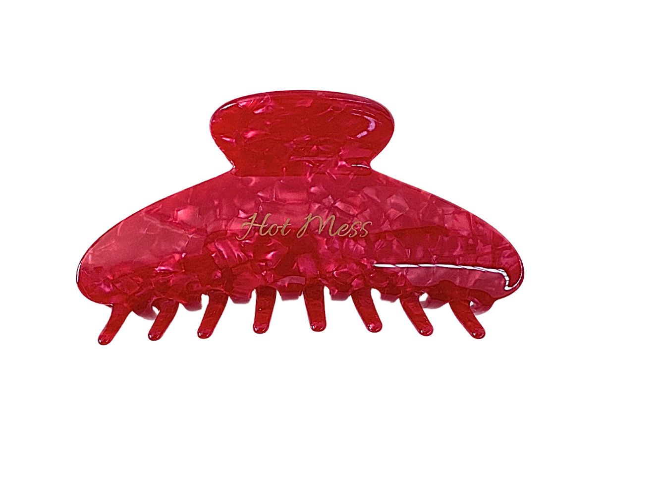 Red hair clip with 'Hot Mess' text on a white background