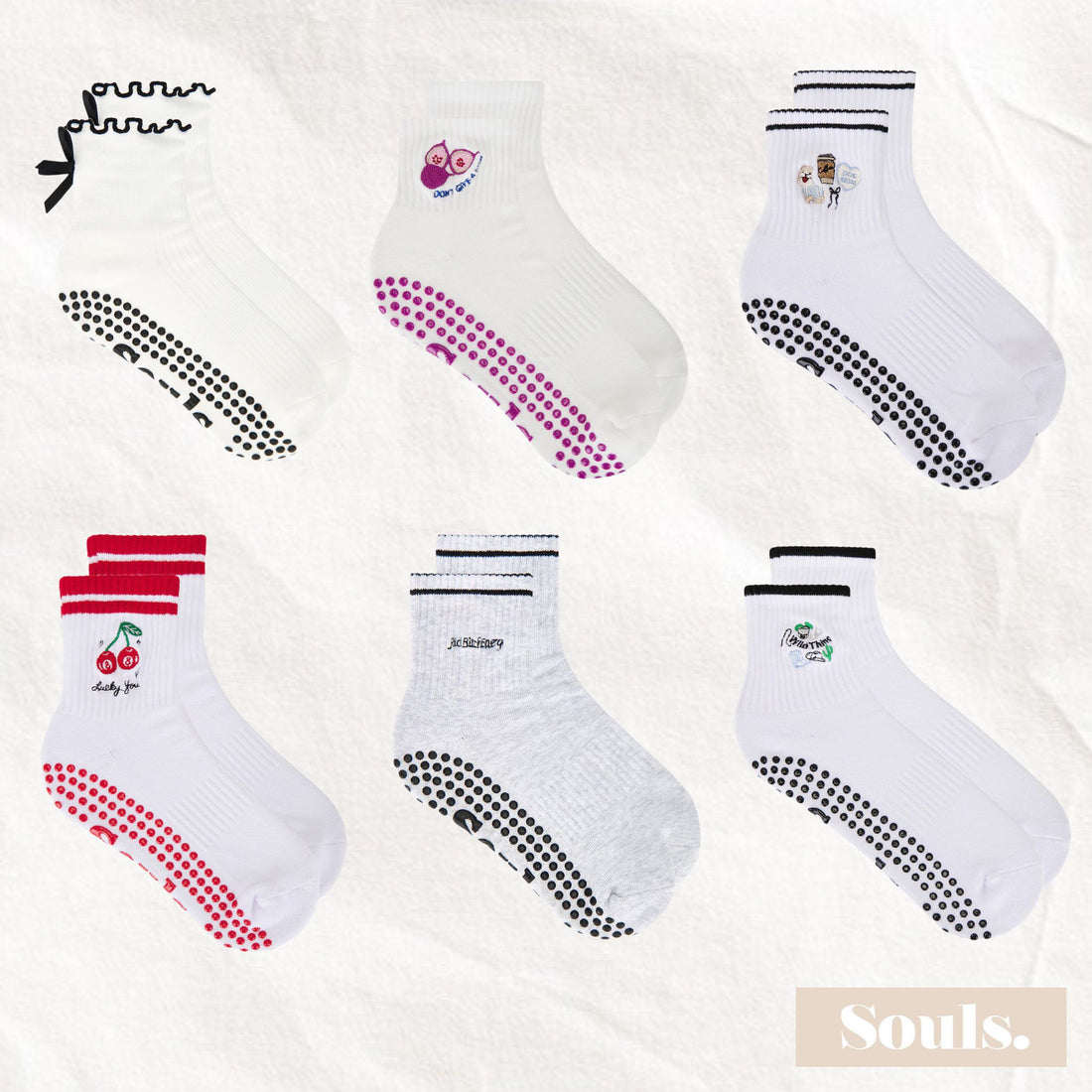 Cute Souls. LA grip socks collection featuring playful cherry, bow, and slogan designs in white, grey, and colorful accents.